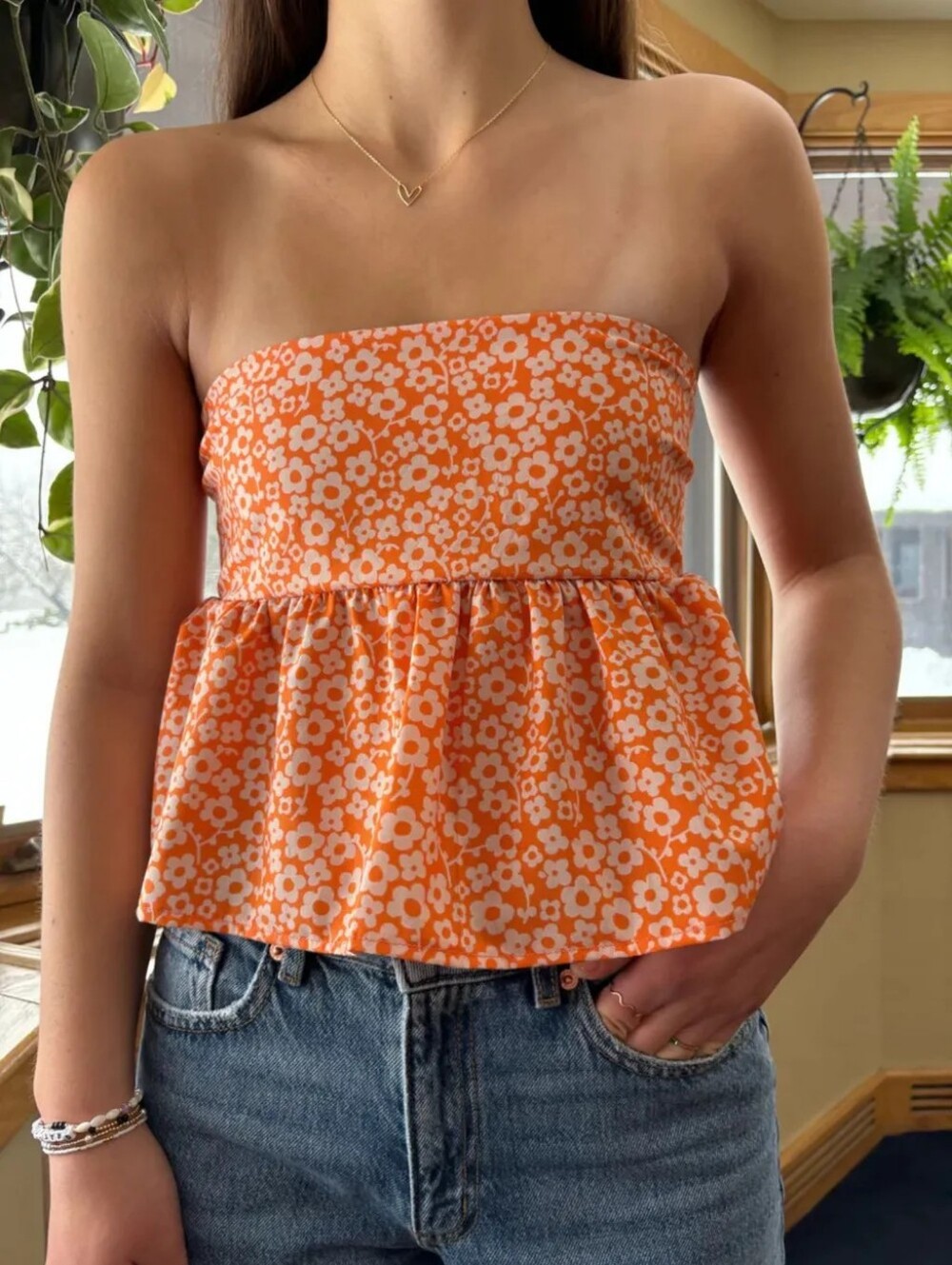 🌸Boutique Strapless Orange Tie Back Tiered Tube Top